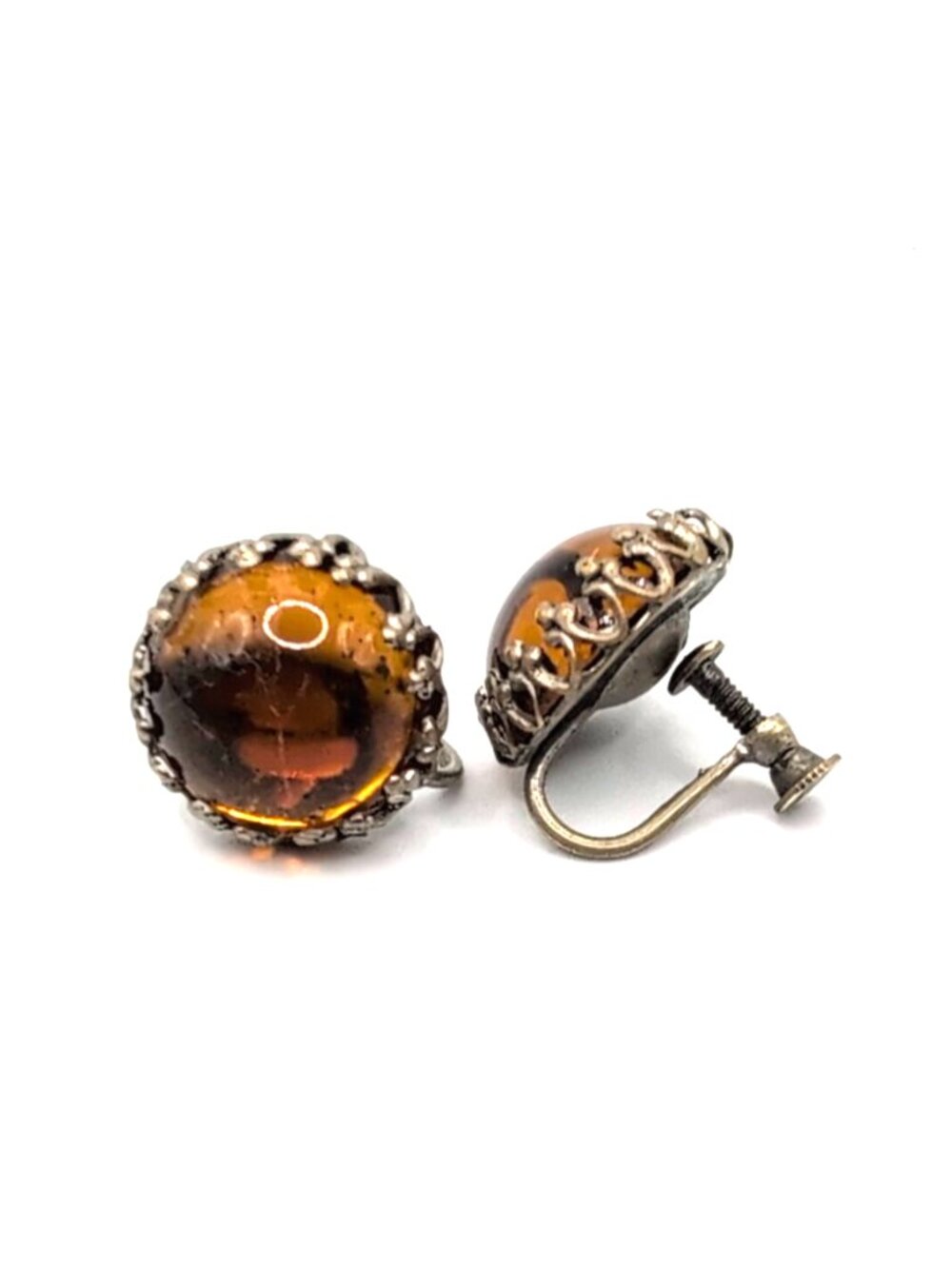 Antique Screw Back Amber Cabochon Earrings 1/2" Diameter Unmarked GUC